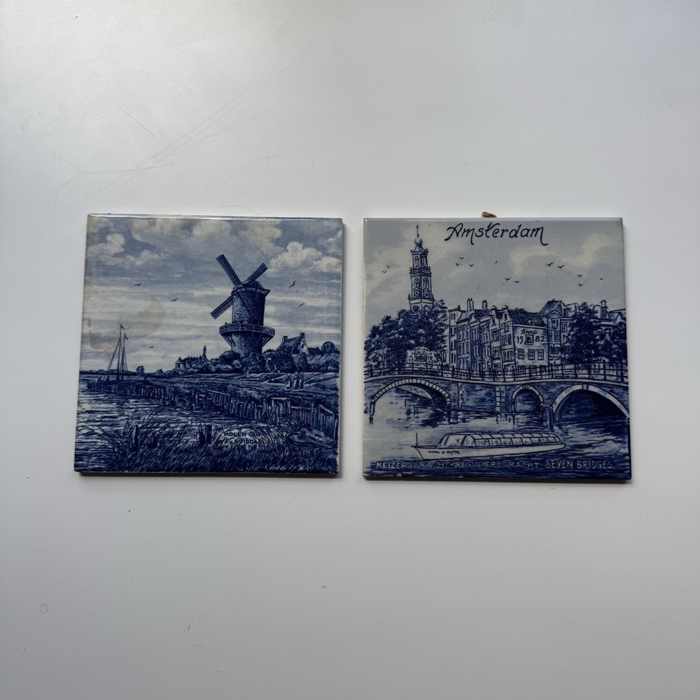 Vintage Delft Blue Amsterdam Holland Ceramic Tile Wall Plaque Pair